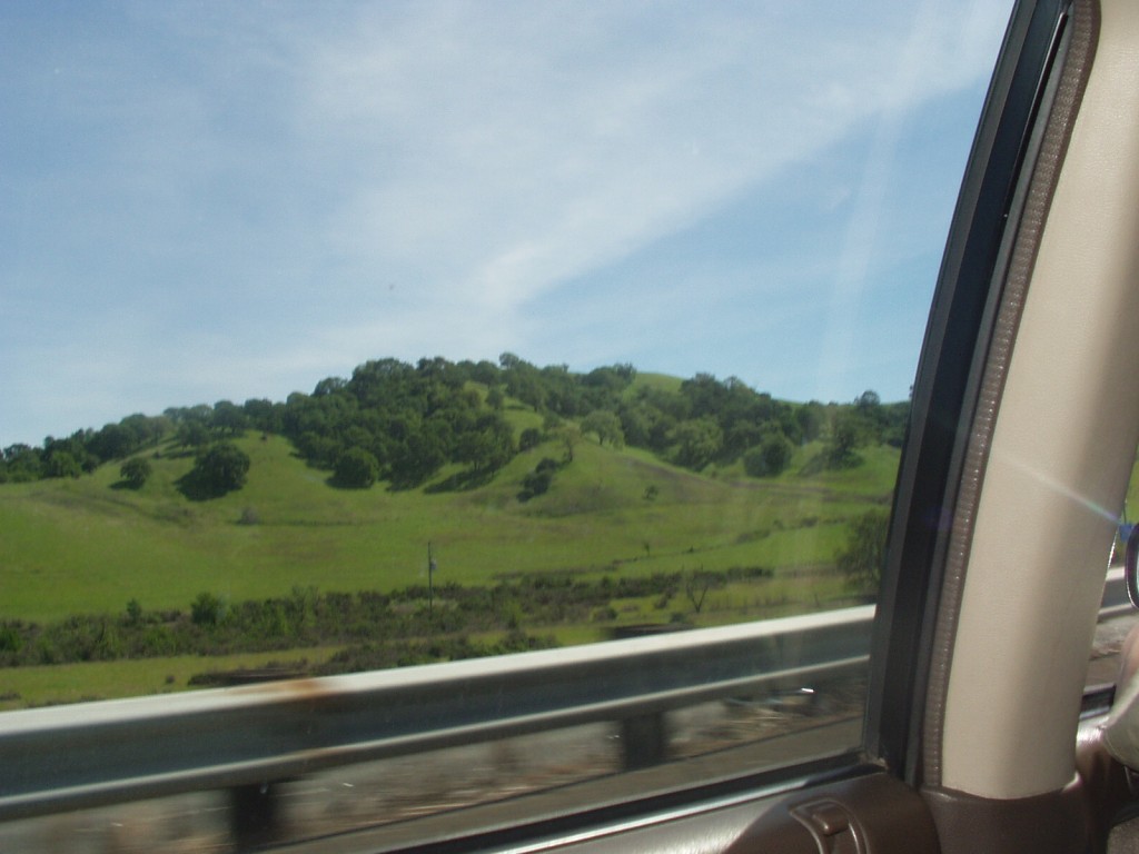 I bilen på väg in mot San Francisco. Gröna böljande kullar!